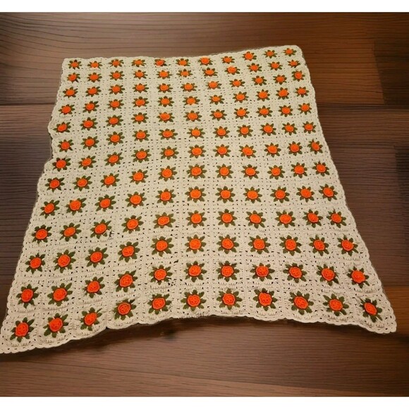 Vintage Handmade Crochet Blanket HUGE Comforter 102"x91" Beige Orange Floral - Picture 1 of 6